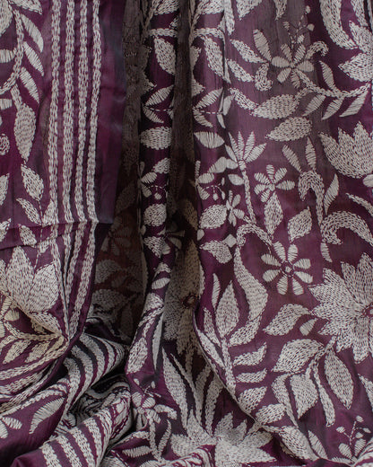 Kantha Plum Weaves Saree
