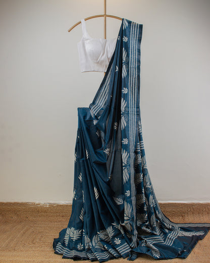 Kantha Teal Weaves Saree