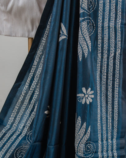 Kantha Teal Weaves Saree
