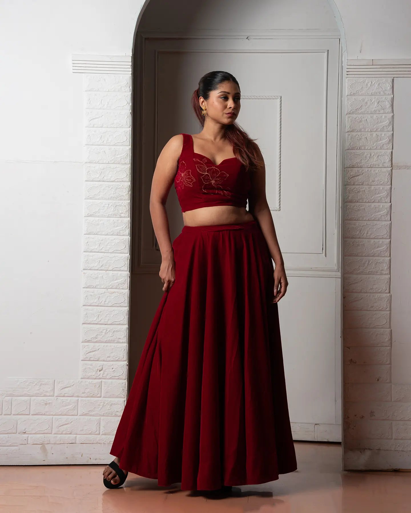 Maroon Velvet Lehenga Set