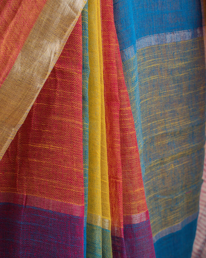Multi-Coloured Checks Handwoven Linen Saree
