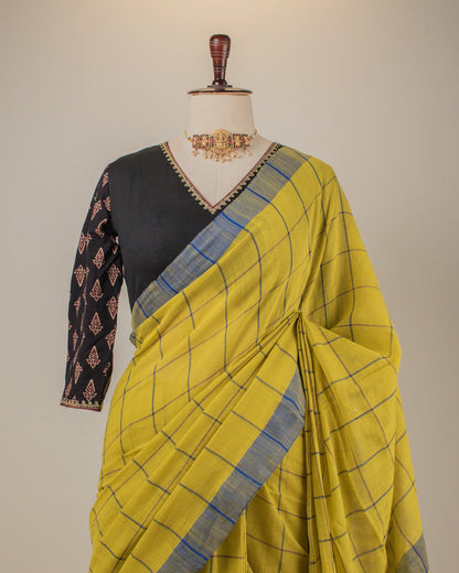 Khadi Checks Mustard Saree