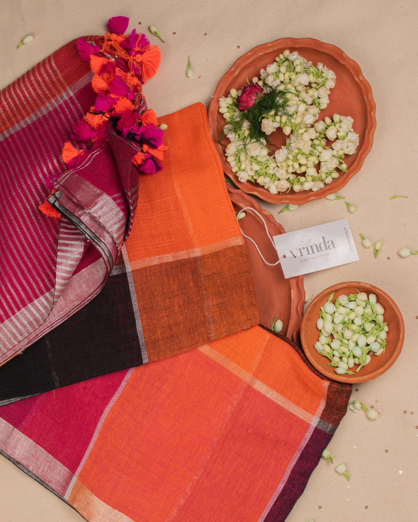 Orange Checks Handwoven Linen Saree