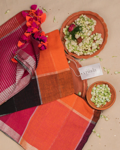 Orange Checks Handwoven Linen Saree