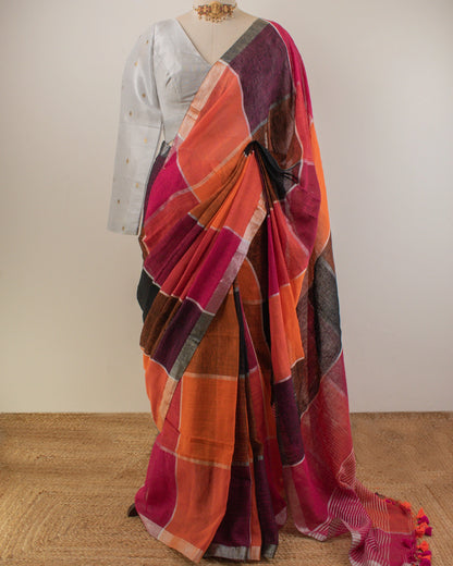 Orange Checks Handwoven Linen Saree