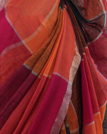 Orange Checks Handwoven Linen Saree
