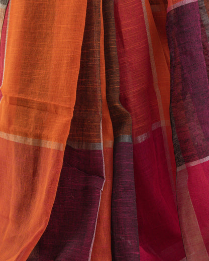 Orange Checks Handwoven Linen Saree