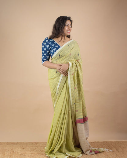 Pistachio Kantha Handwoven Saree