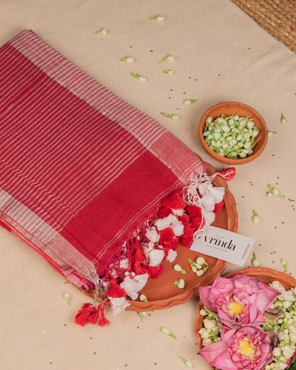 Red Checks Handwoven Linen Saree