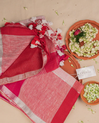 Red Checks Handwoven Linen Saree