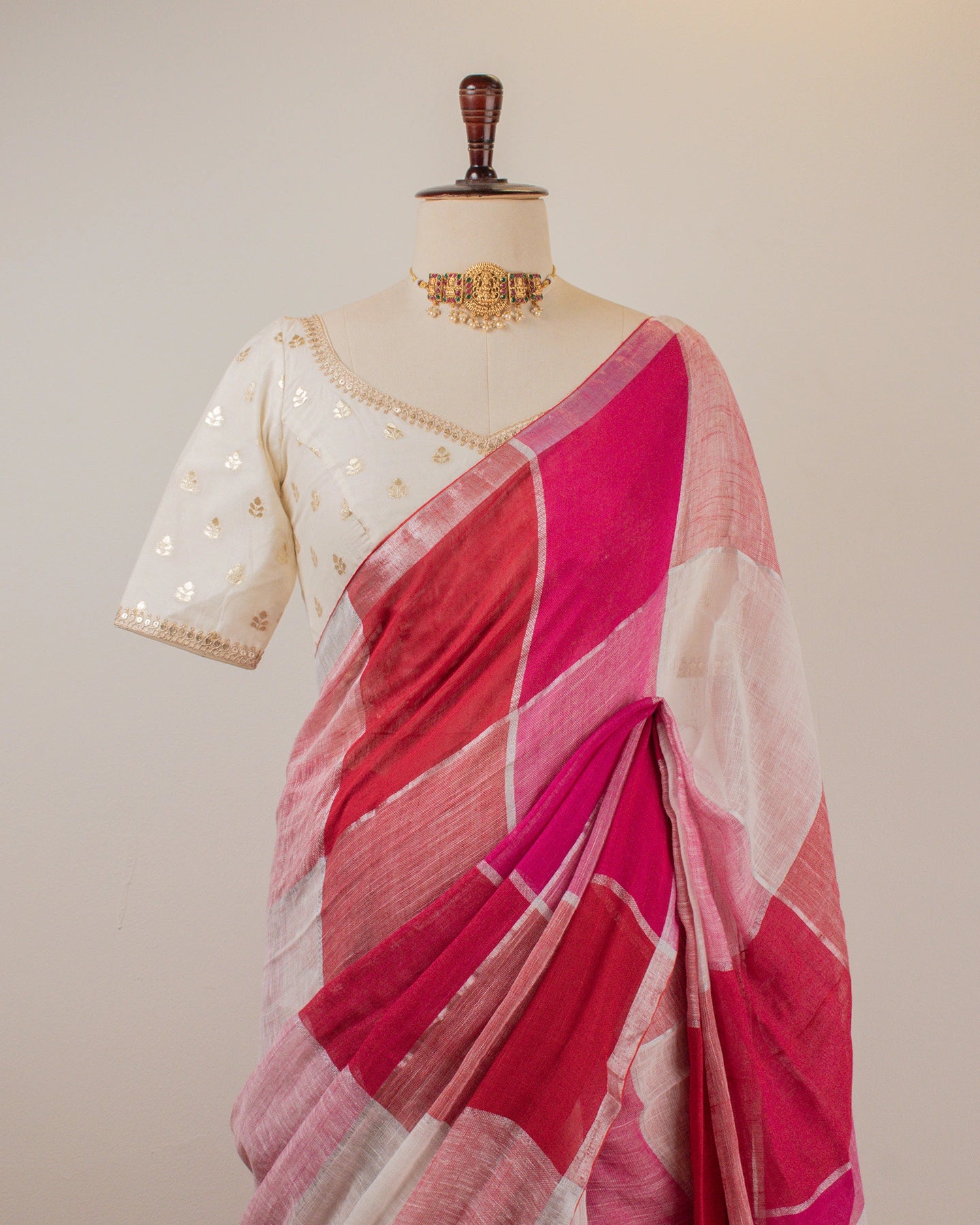 Red Checks Handwoven Linen Saree