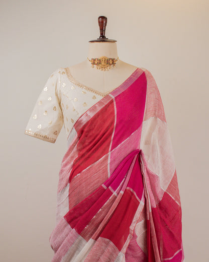 Red Checks Handwoven Linen Saree