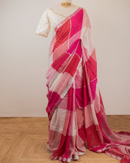 Red Checks Handwoven Linen Saree
