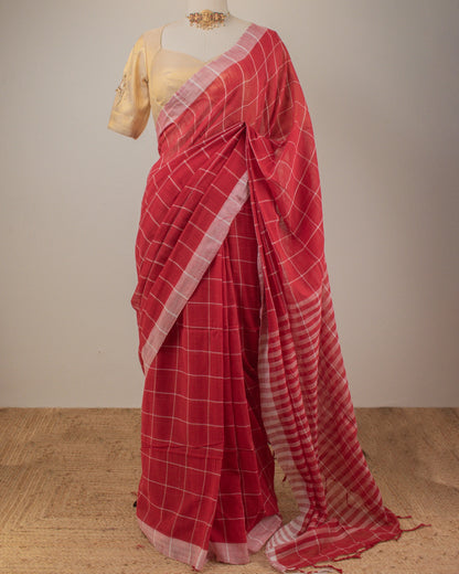 Khadi Checks Red Saree