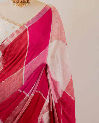 Red Checks Handwoven Linen Saree