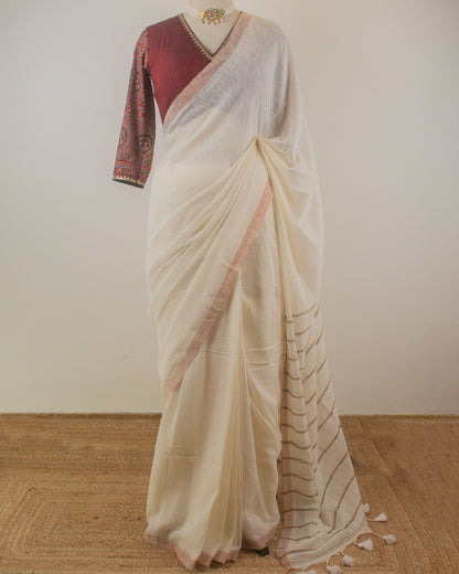 Sandhya Ivory Handwoven Linen Saree