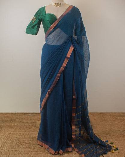 Sandhya Neel Handwoven Linen Saree